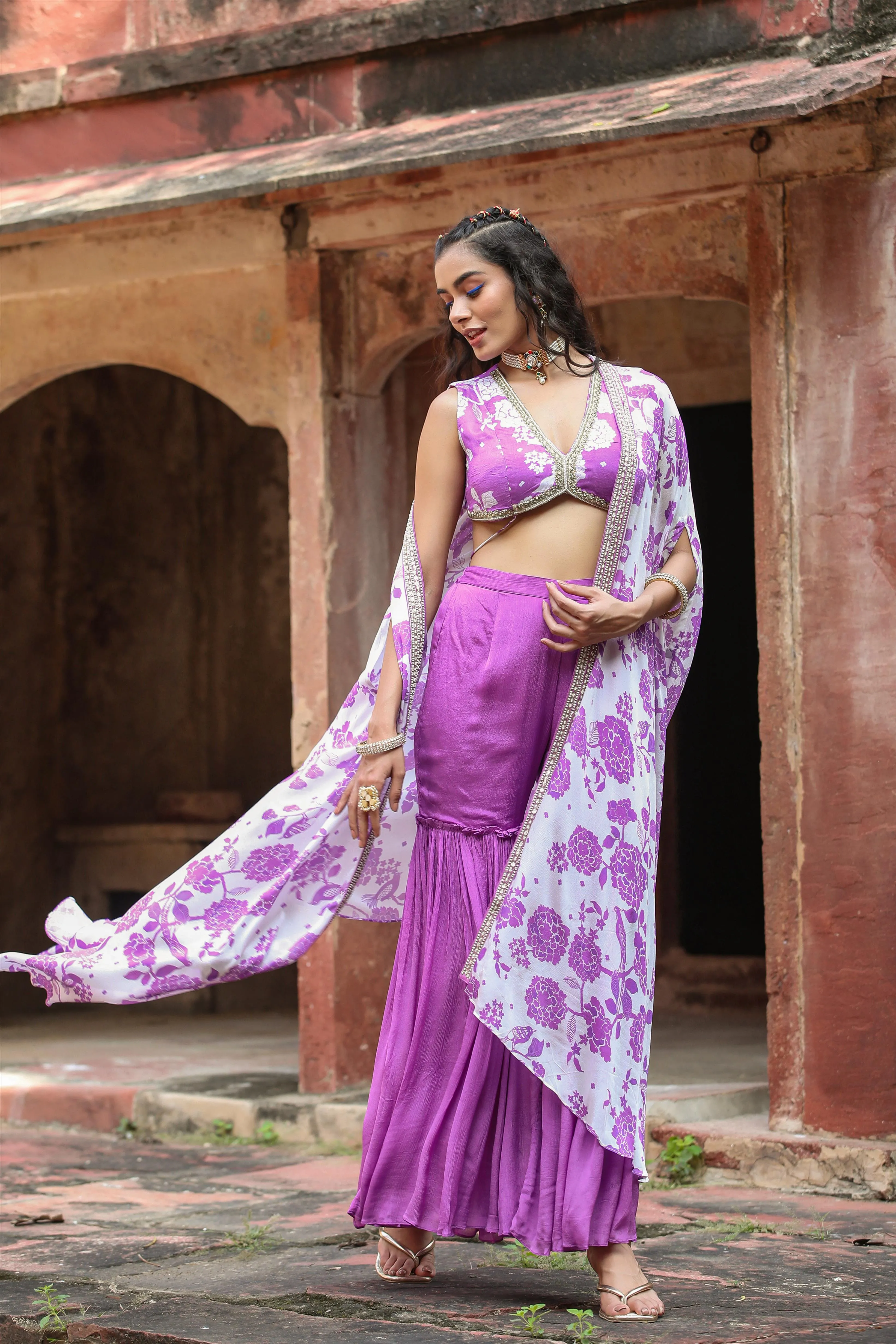 Lavender Chinon Silk Floral Print Choli Sharara Cape Set