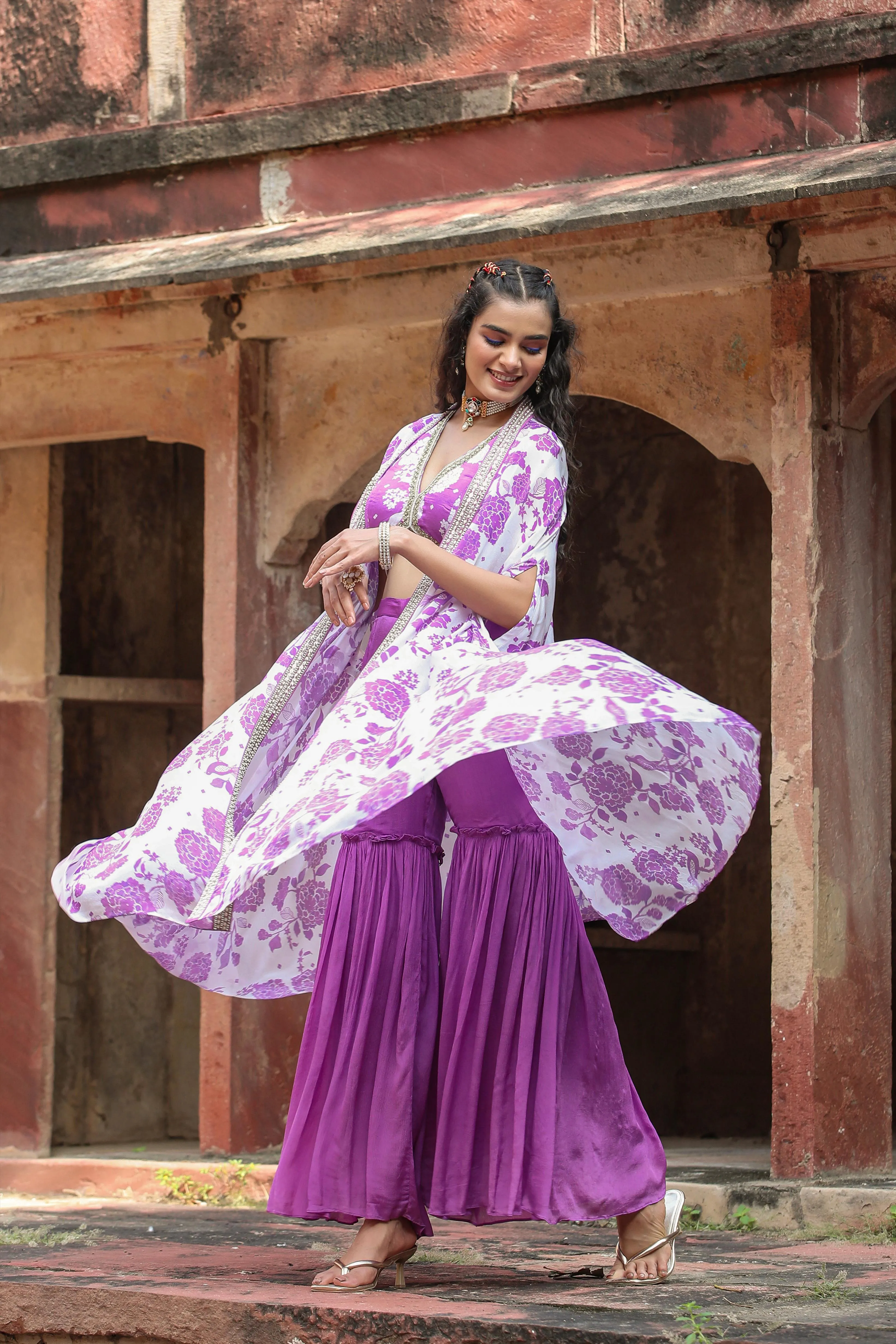 Lavender Chinon Silk Floral Print Choli Sharara Cape Set