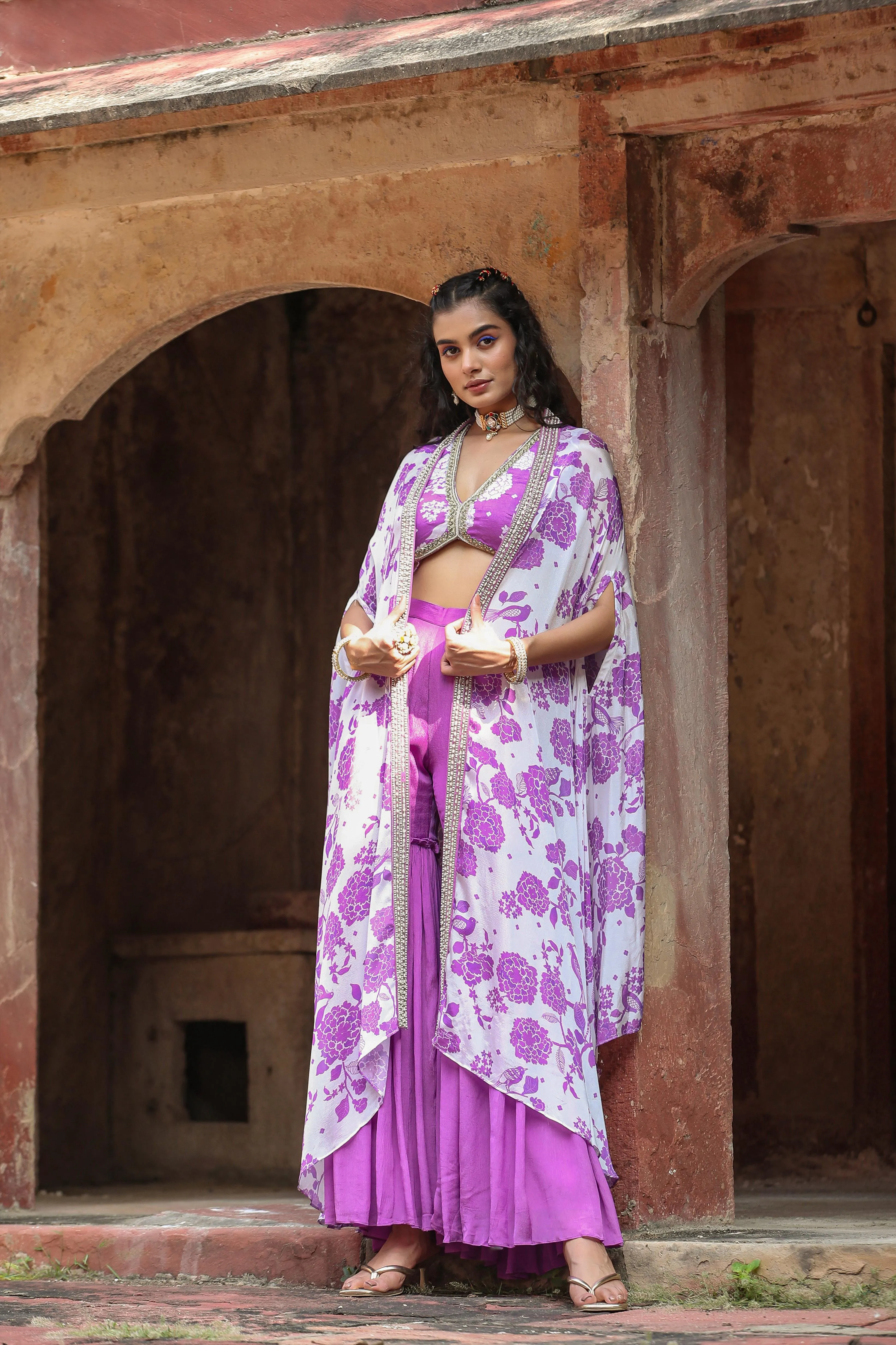 Lavender Chinon Silk Floral Print Choli Sharara Cape Set