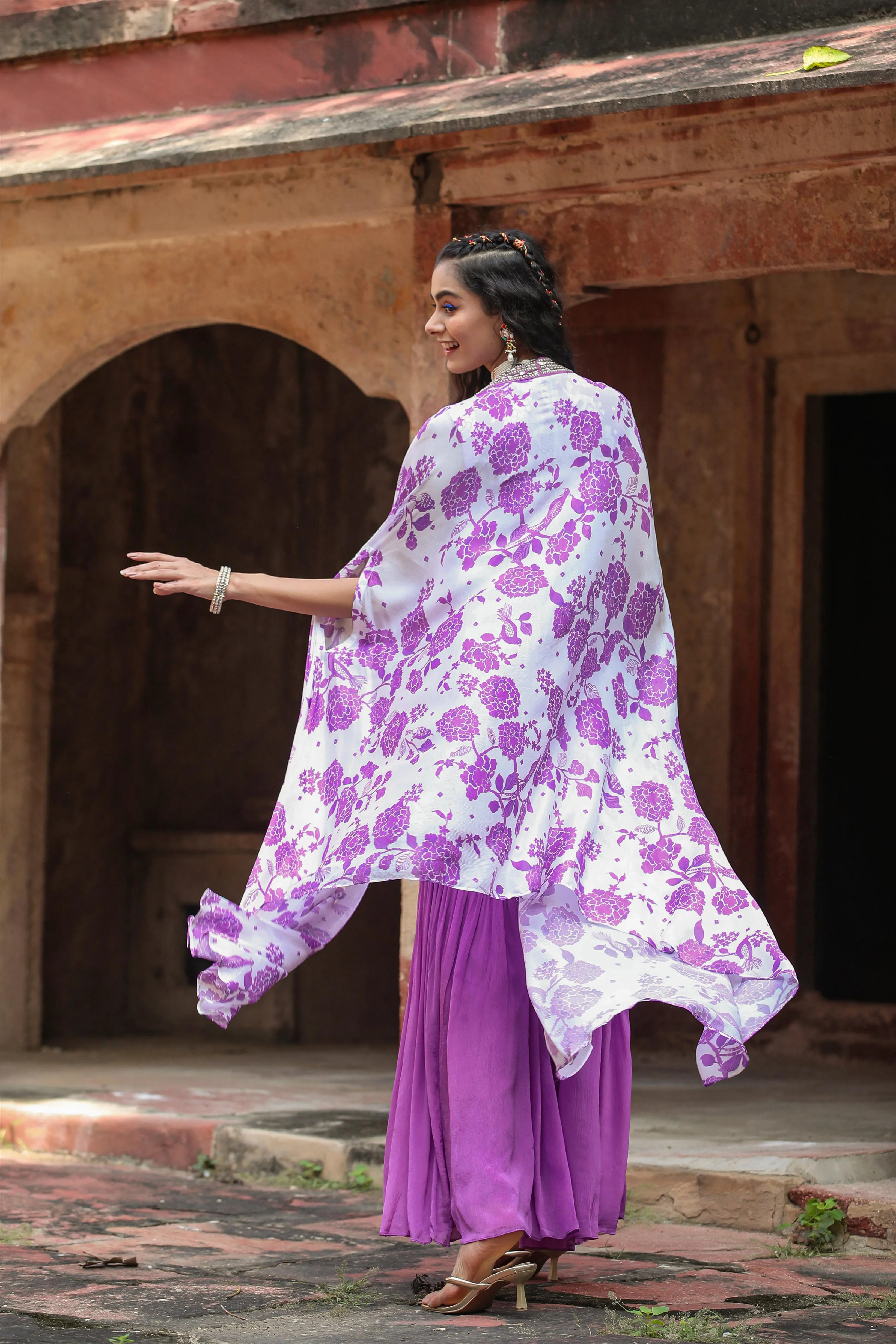 Lavender Chinon Silk Floral Print Choli Sharara Cape Set