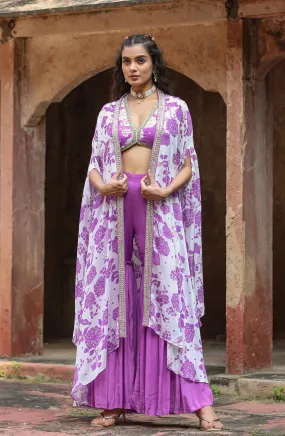 Lavender Chinon Silk Floral Print Choli Sharara Cape Set