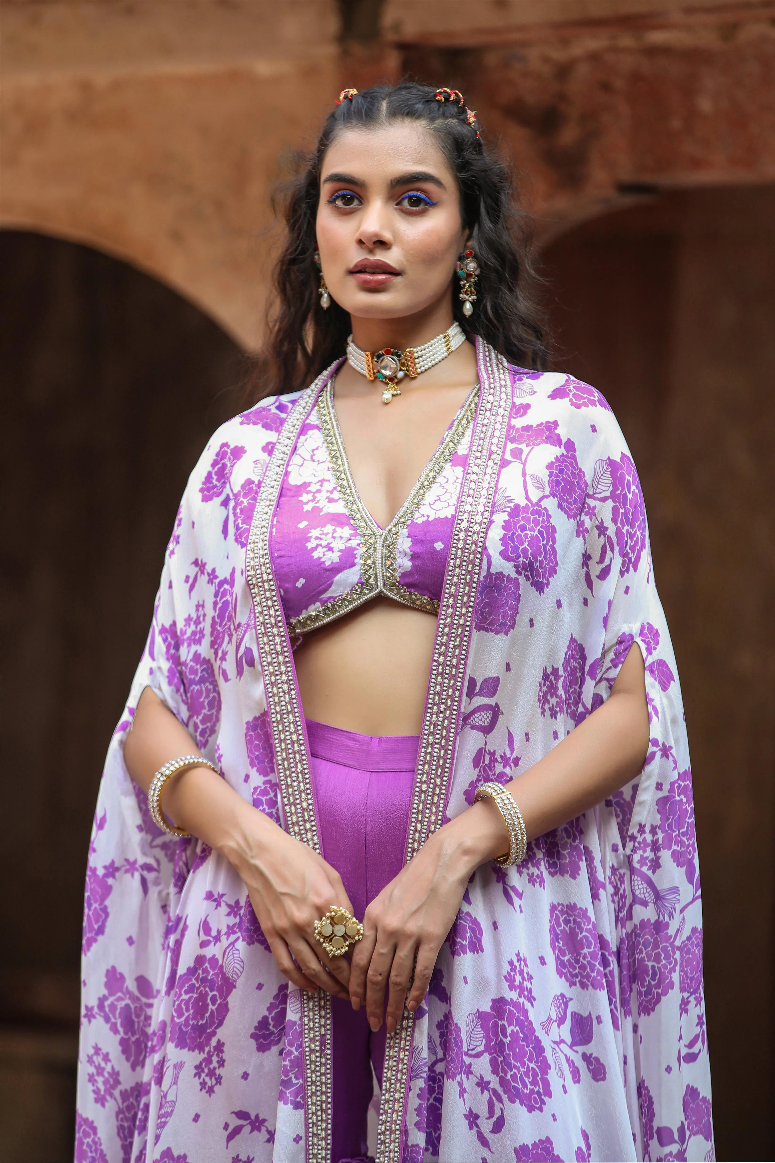 Lavender Chinon Silk Floral Print Choli Sharara Cape Set