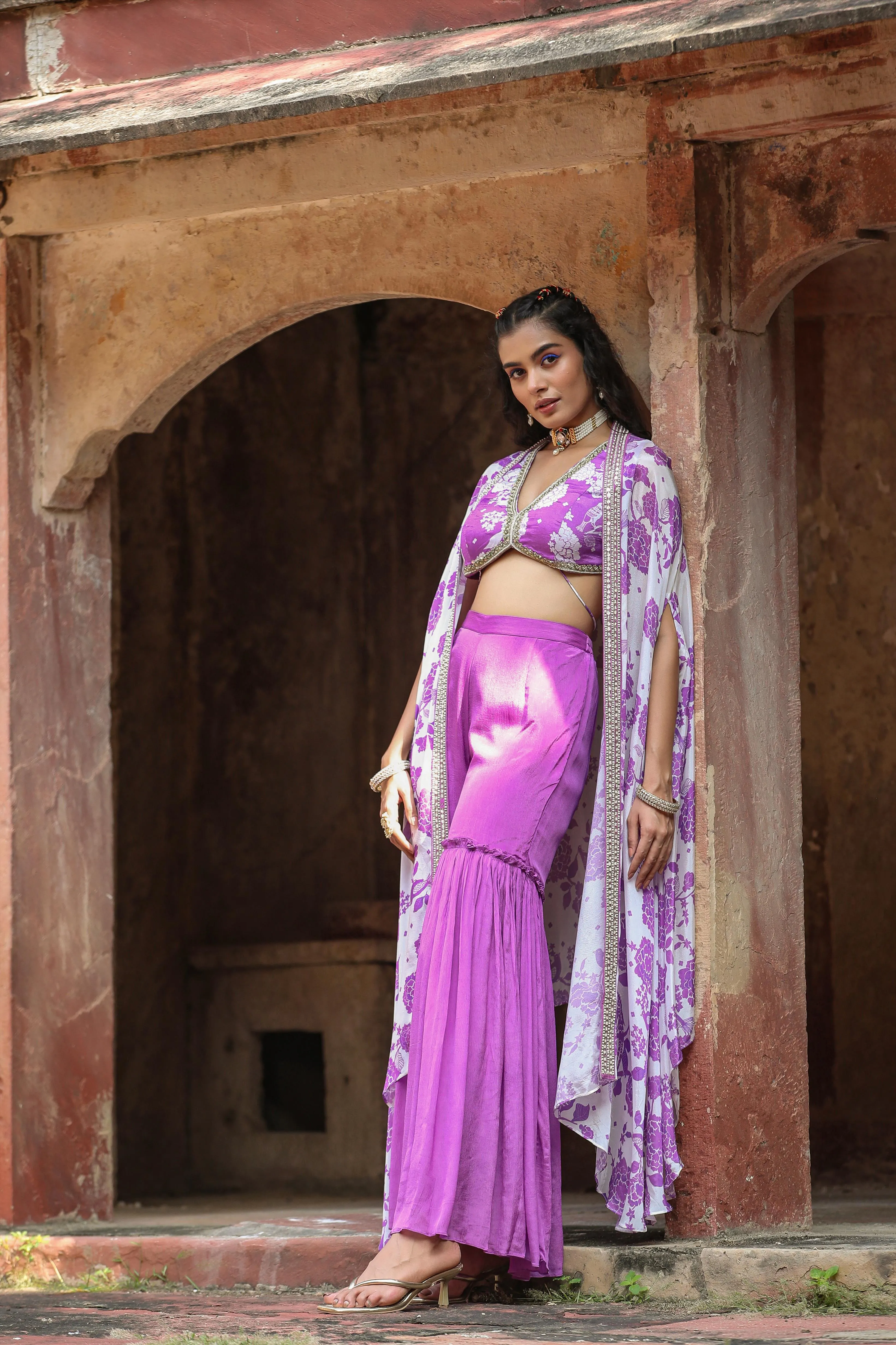 Lavender Chinon Silk Floral Print Choli Sharara Cape Set