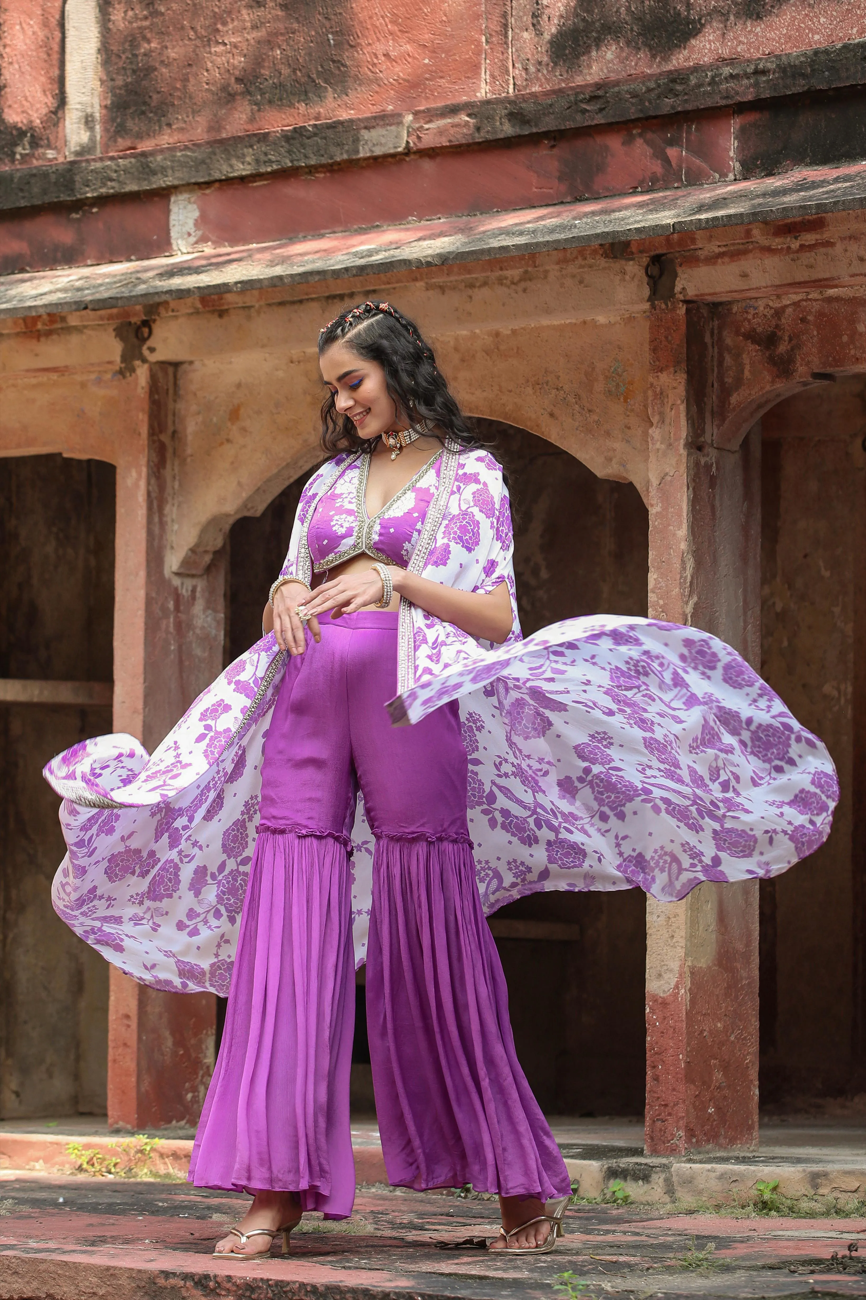 Lavender Chinon Silk Floral Print Choli Sharara Cape Set
