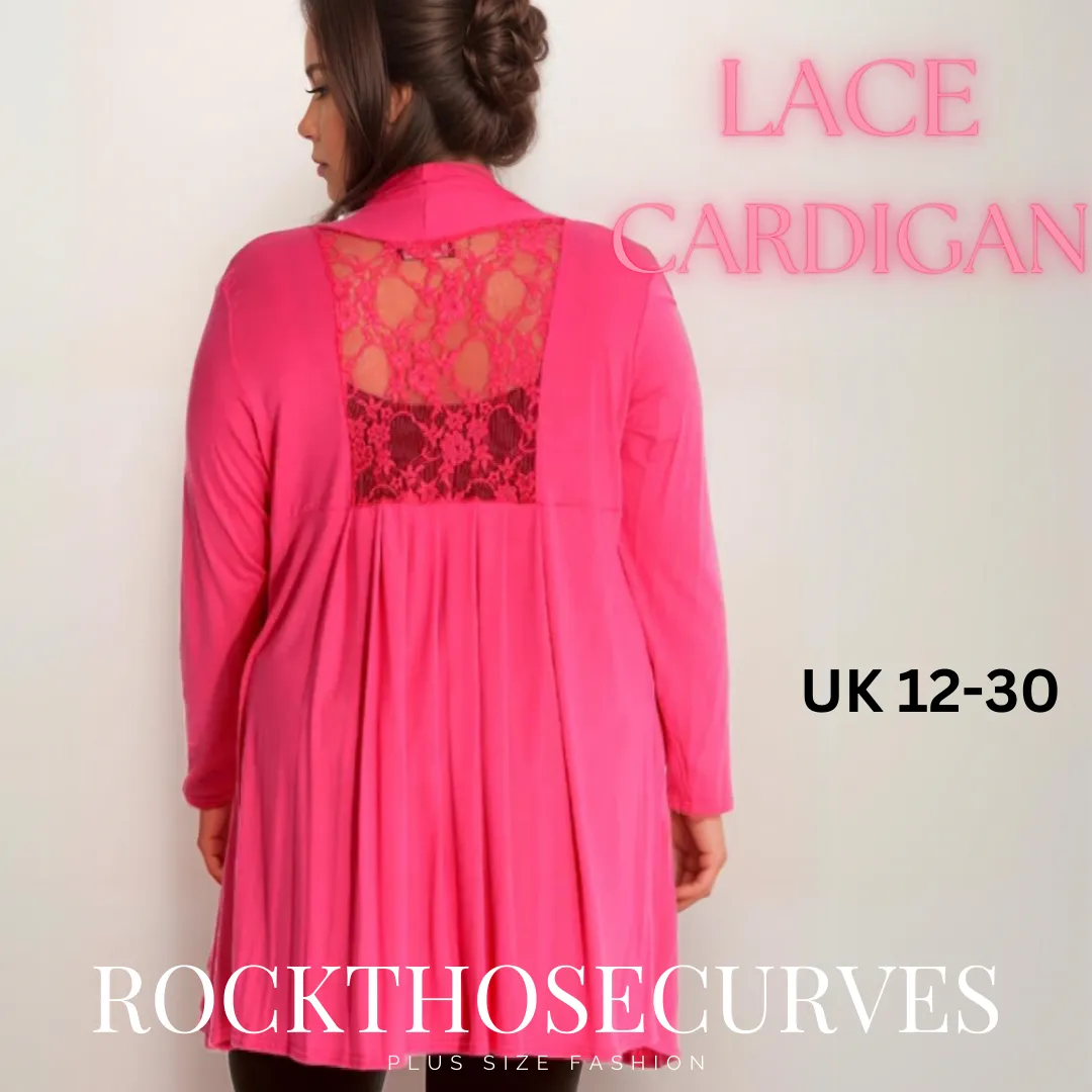 LONG LENGTH OPEN FRONT CARDIGAN WITH LACE PANEL TO BACK