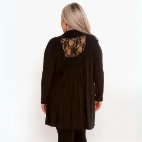 LONG LENGTH OPEN FRONT CARDIGAN WITH LACE PANEL TO BACK