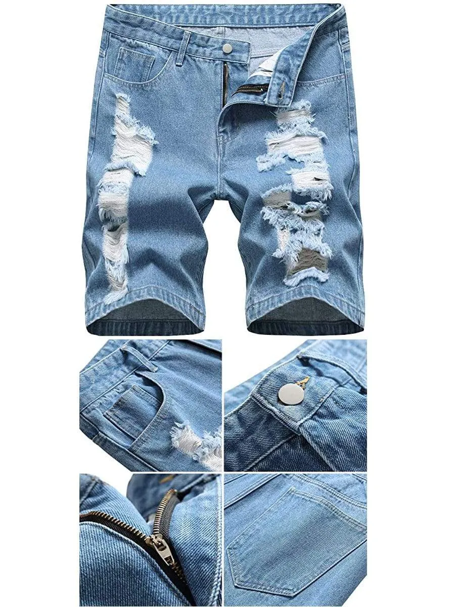 LONGBIDA Causal Ripped Shorts Distressed Loose Fit Denim Mens Pants