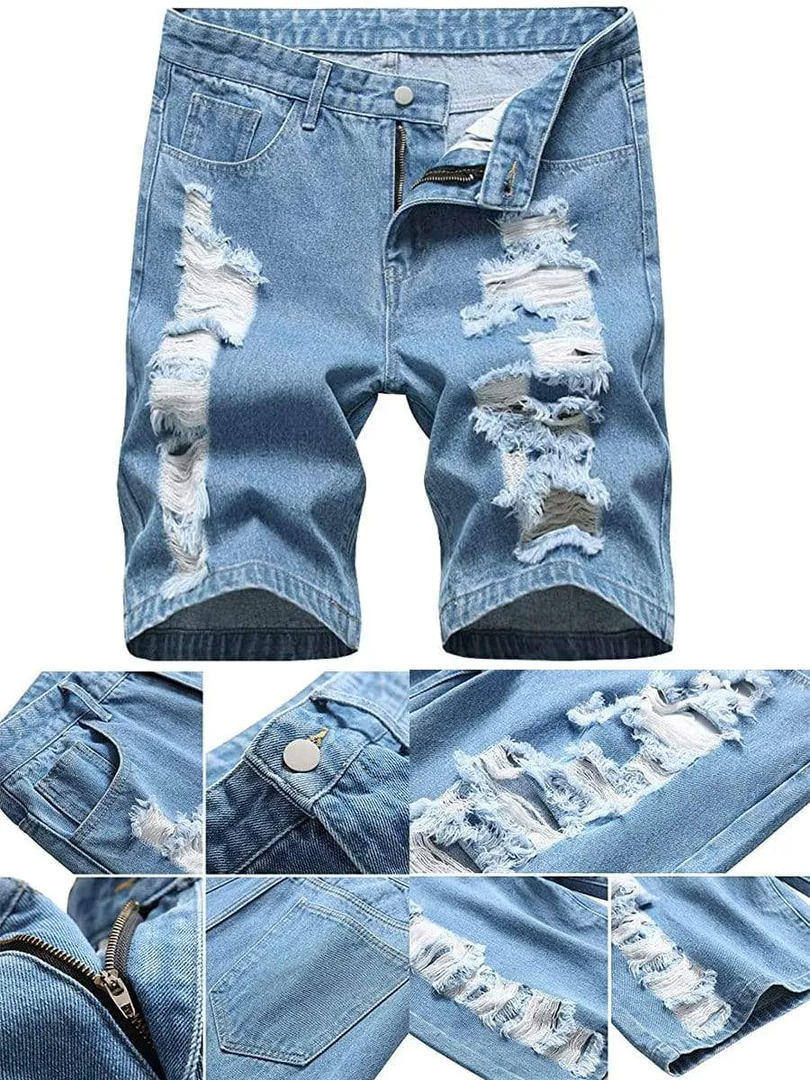 LONGBIDA Causal Ripped Shorts Distressed Loose Fit Denim Mens Pants