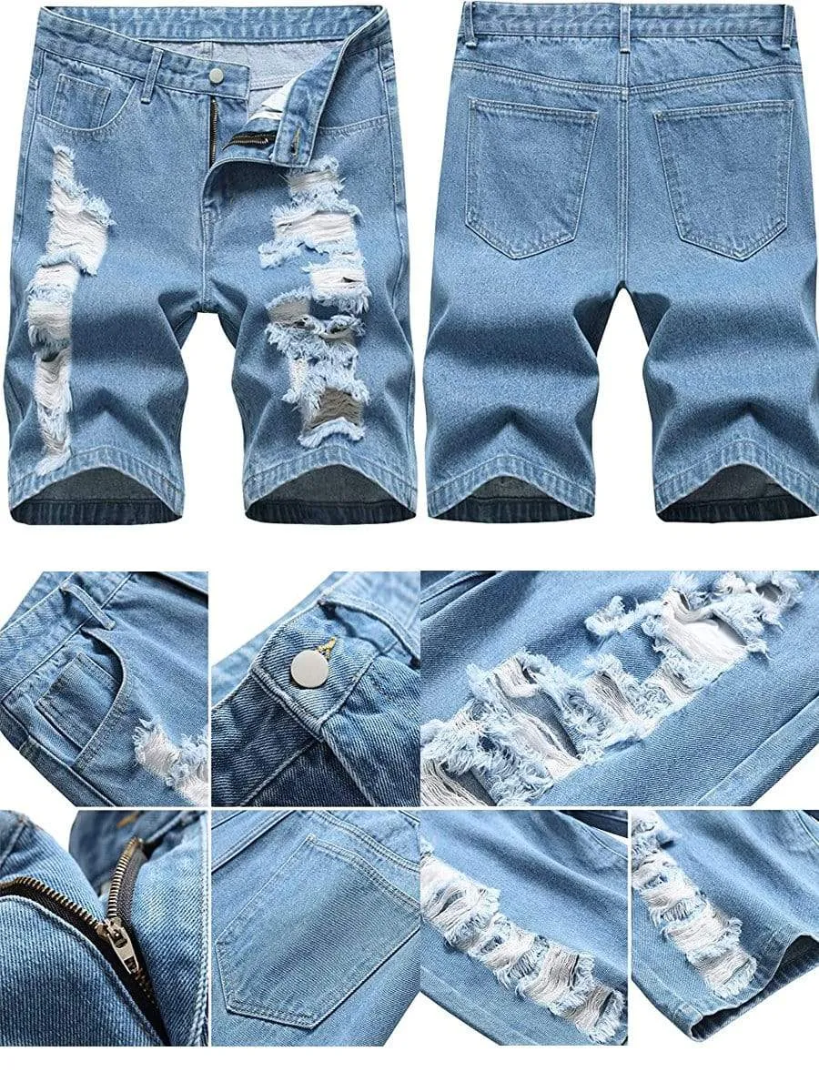 LONGBIDA Causal Ripped Shorts Distressed Loose Fit Denim Mens Pants
