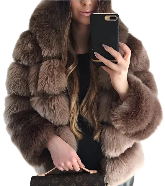 Luxury Women’s Hooded Faux Fur Jacket – Fluffy, Warm Winter Fashion Coat, Stylish Faux Fur Outerwear
