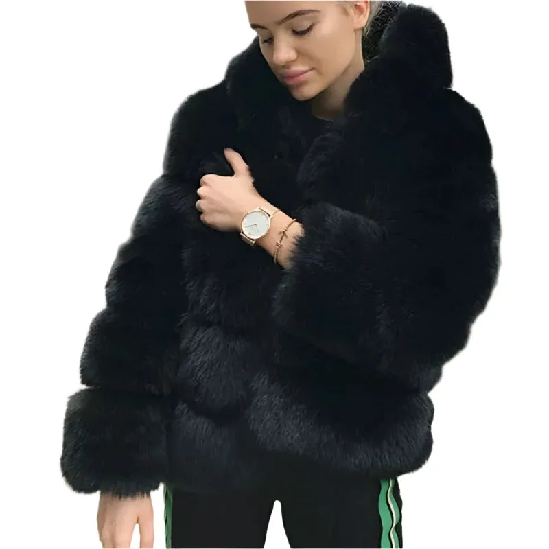 Luxury Women’s Hooded Faux Fur Jacket – Fluffy, Warm Winter Fashion Coat, Stylish Faux Fur Outerwear