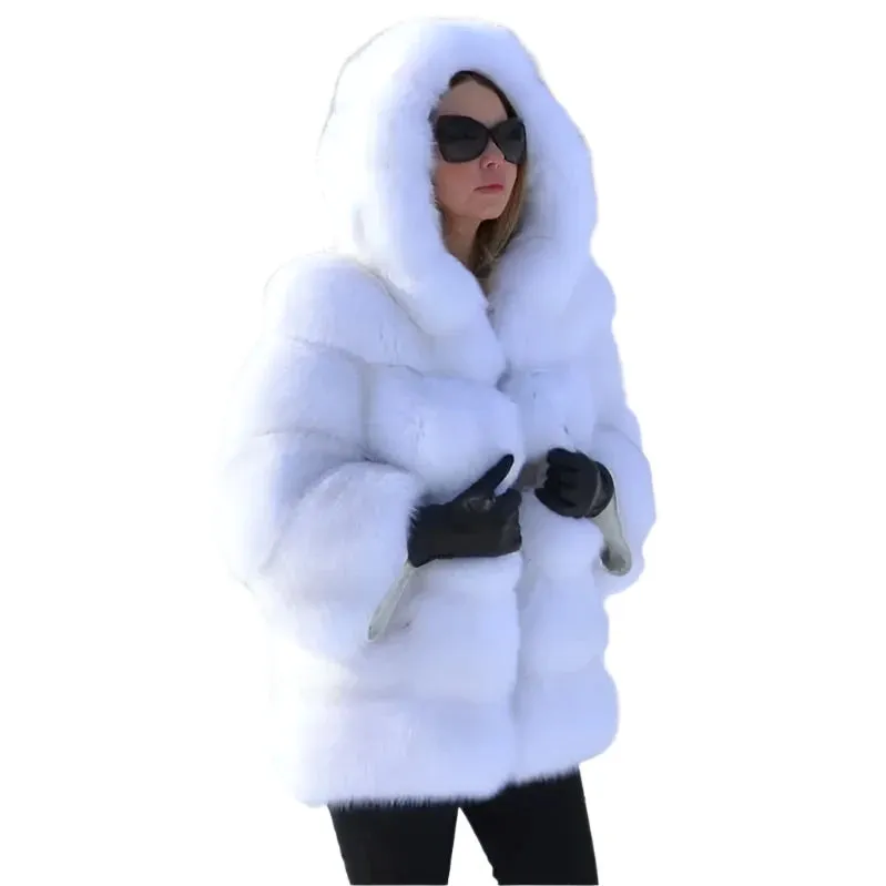 Luxury Women’s Hooded Faux Fur Jacket – Fluffy, Warm Winter Fashion Coat, Stylish Faux Fur Outerwear