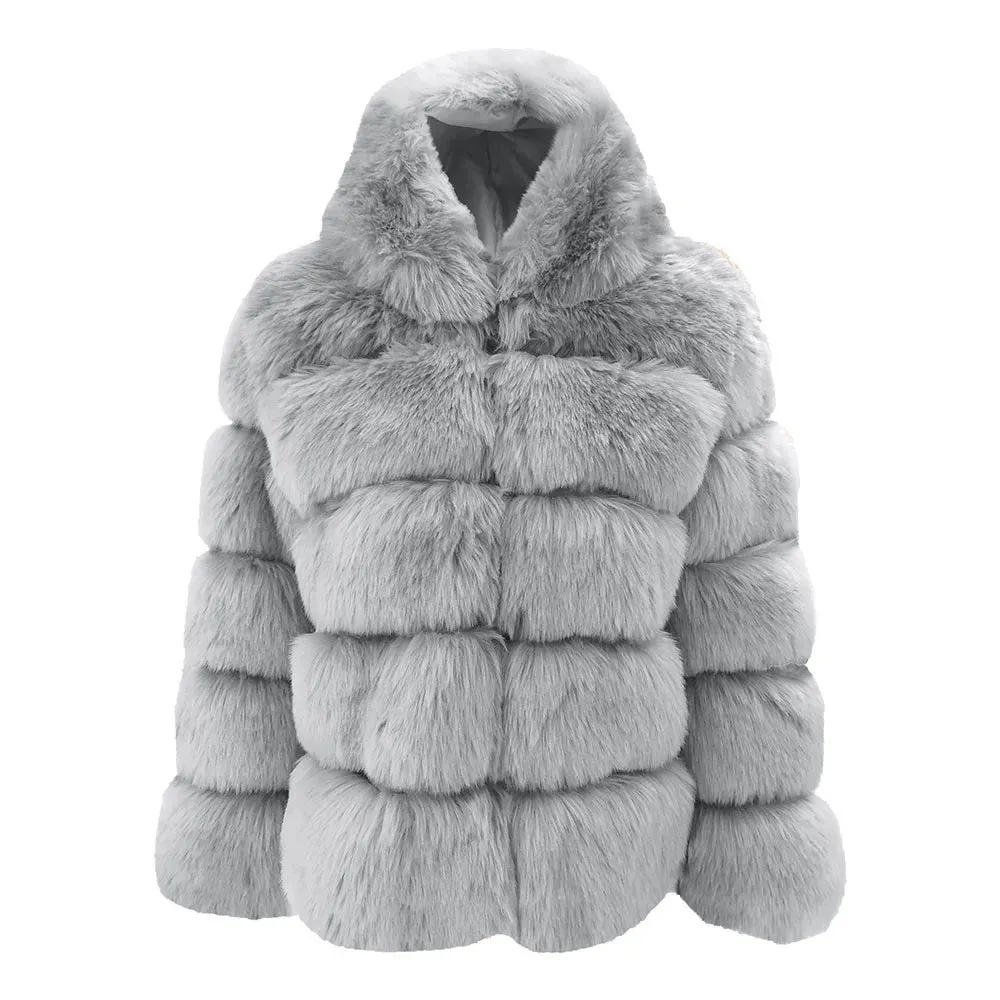 Luxury Women’s Hooded Faux Fur Jacket – Fluffy, Warm Winter Fashion Coat, Stylish Faux Fur Outerwear