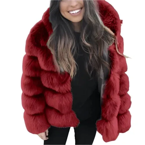 Luxury Women’s Hooded Faux Fur Jacket – Fluffy, Warm Winter Fashion Coat, Stylish Faux Fur Outerwear