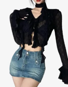 Midnight Ruffle Cascade Blouse- Y2k Crop Top Women Lace Blouses  Sexy Gothic Grunge Female Shirts Elegant Black Transparent Cardigan Korean Streetwear