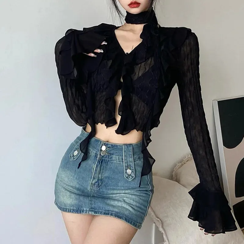 Midnight Ruffle Cascade Blouse- Y2k Crop Top Women Lace Blouses  Sexy Gothic Grunge Female Shirts Elegant Black Transparent Cardigan Korean Streetwear