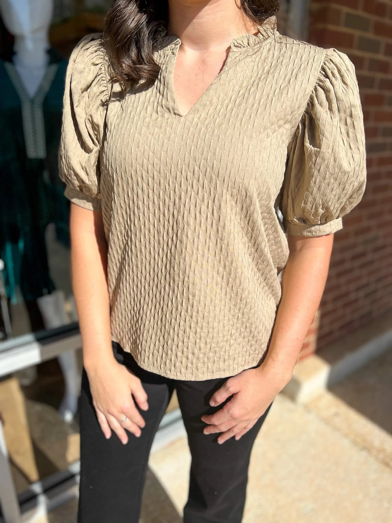 My One Desire Taupe V-Neck Top with Short Puff Sleeves