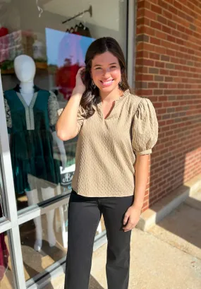 My One Desire Taupe V-Neck Top with Short Puff Sleeves