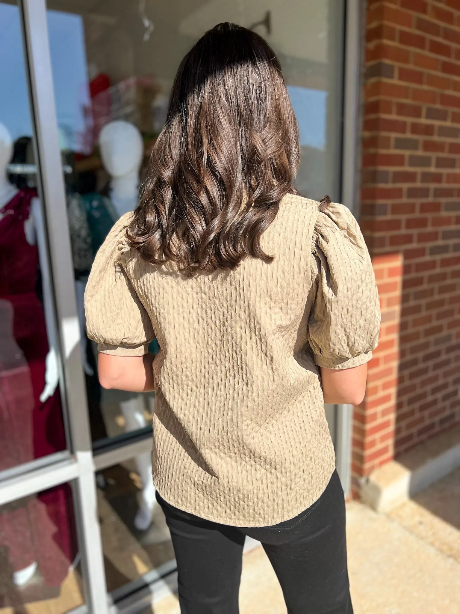 My One Desire Taupe V-Neck Top with Short Puff Sleeves