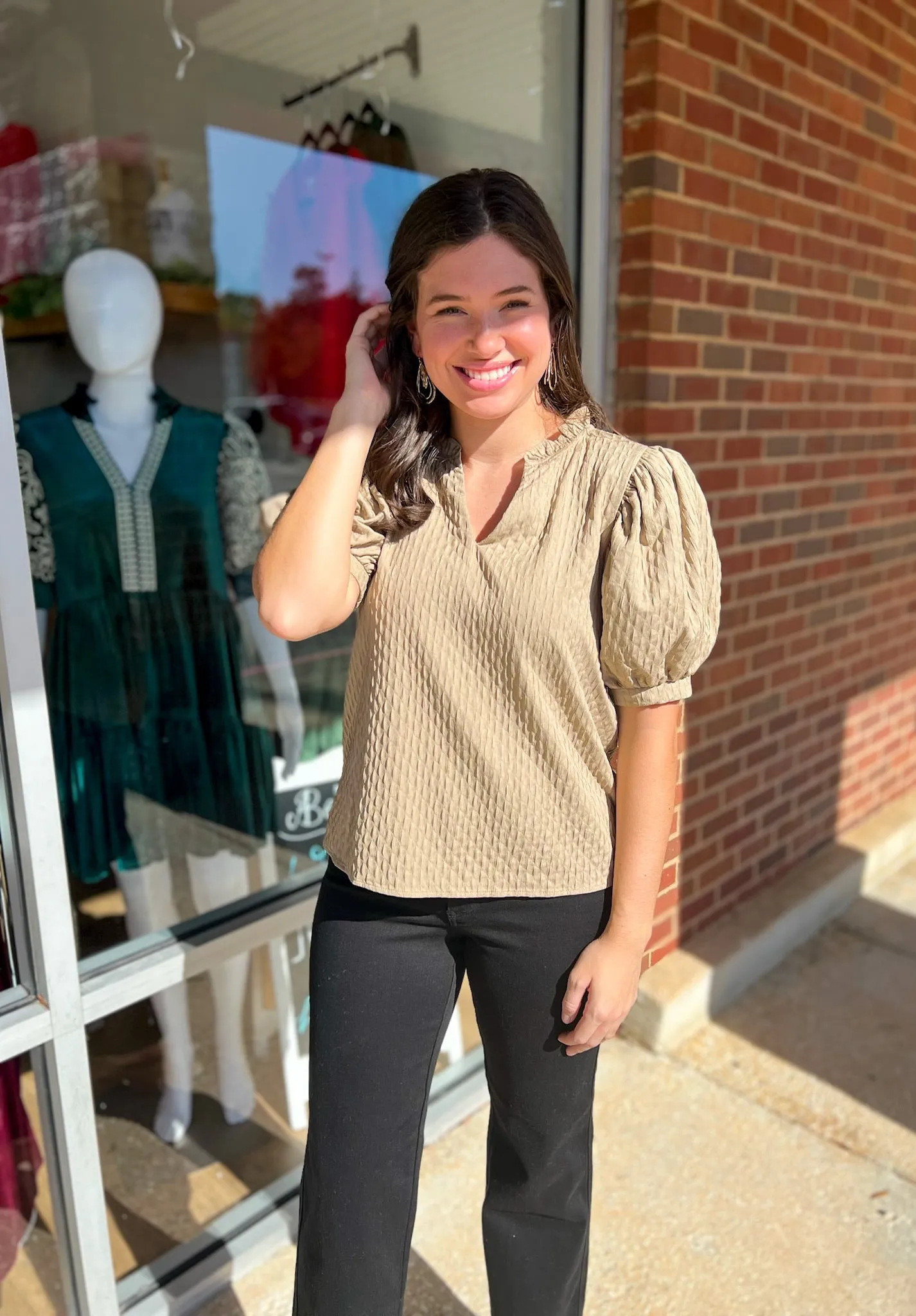 My One Desire Taupe V-Neck Top with Short Puff Sleeves