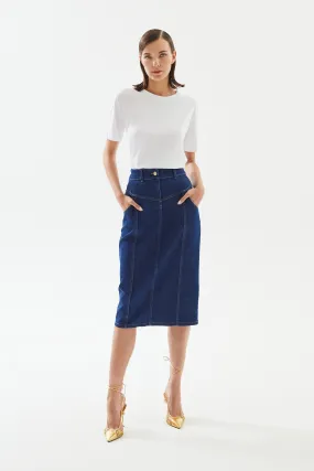 Navy Blue Denim Midi Skirt