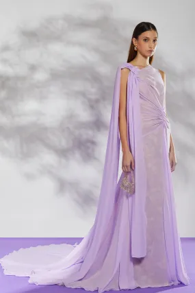 One-Shoulder Silk Chiffon Dress with Draped Cape and Gathered Waist