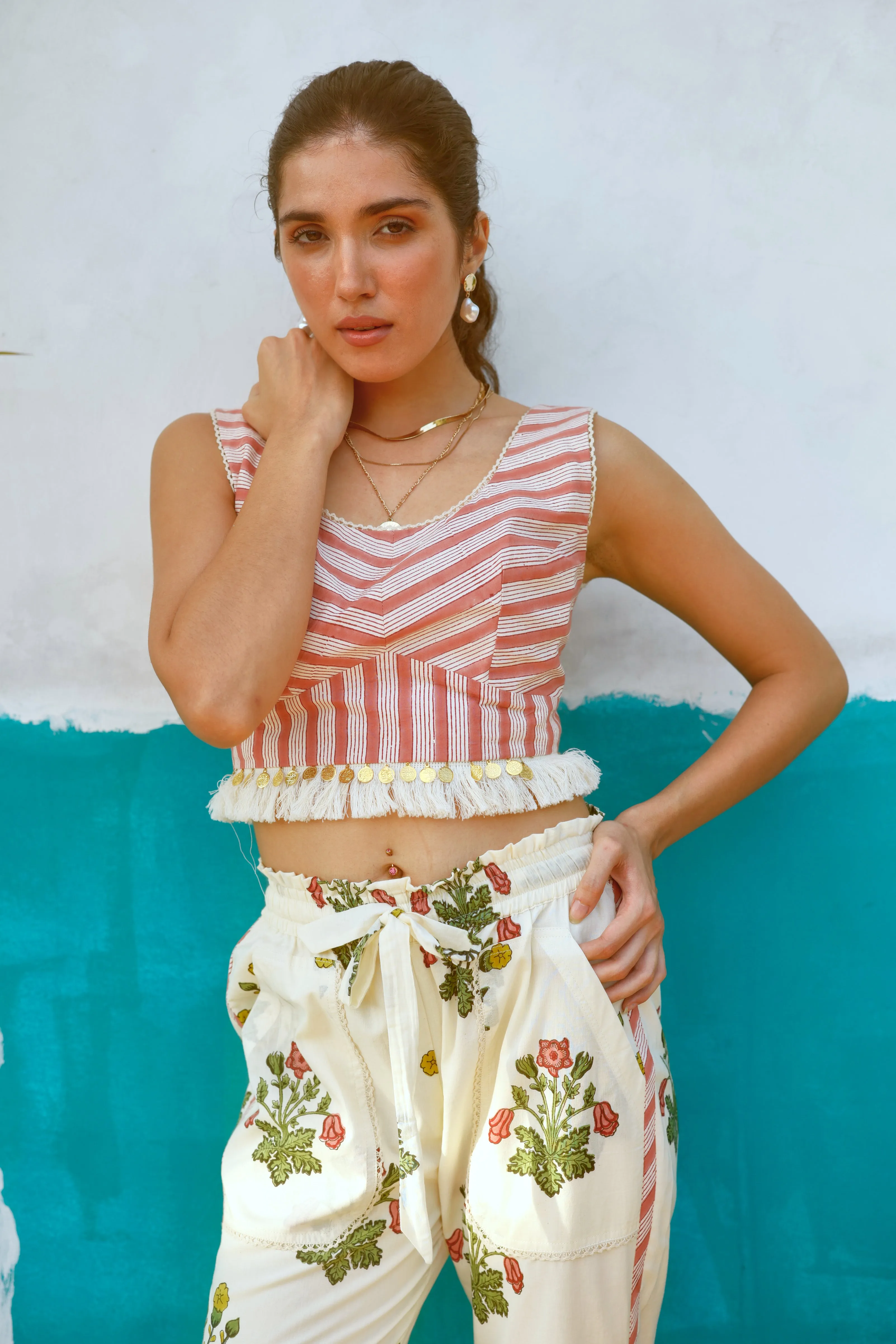 Peach and Yellow Floral Cape with Blouse and Pants- Set of 3