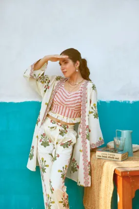 Peach and Yellow Floral Cape with Blouse and Pants- Set of 3