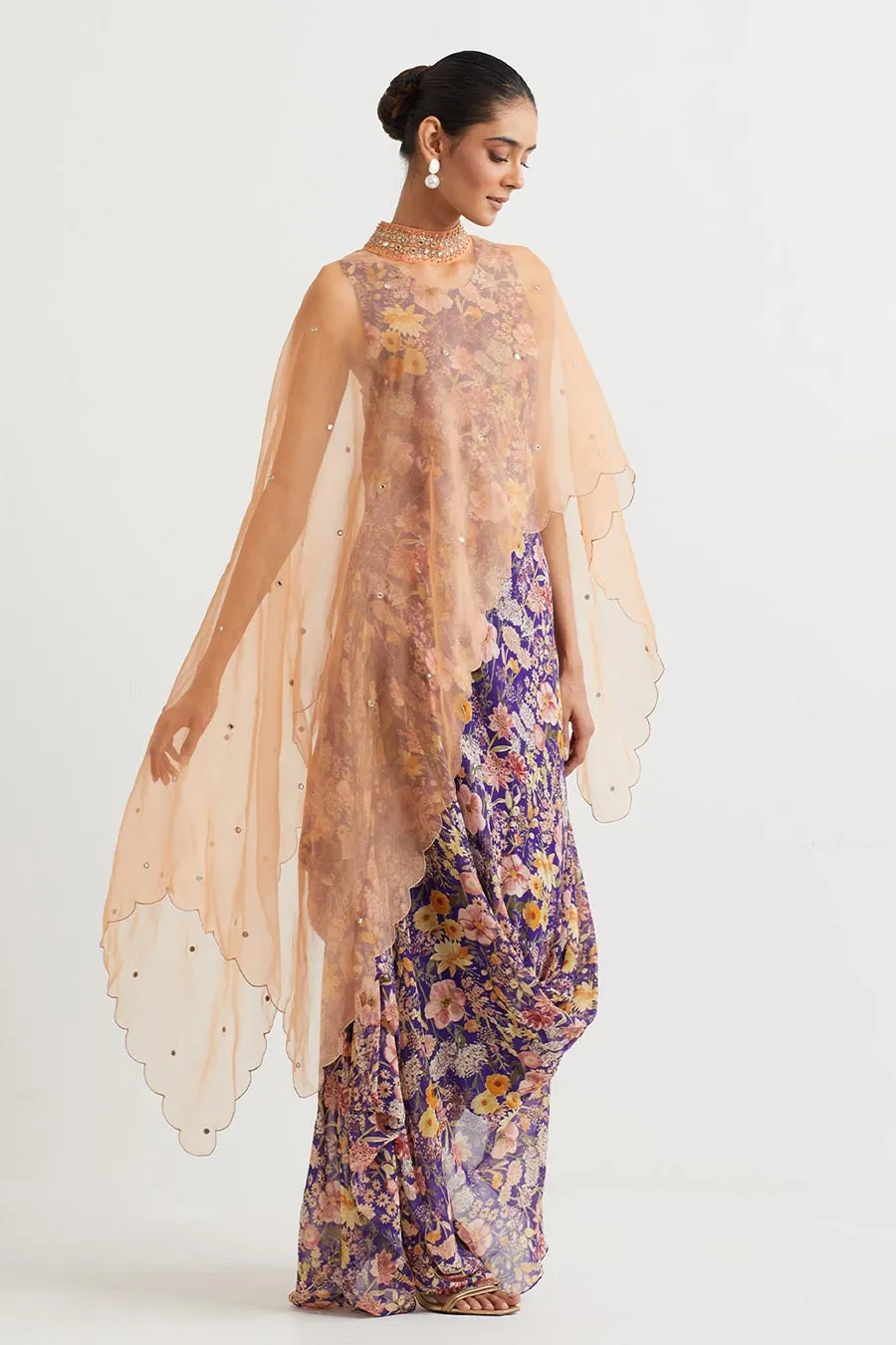 Peach Embroidered Cape With Printed Drape Dress