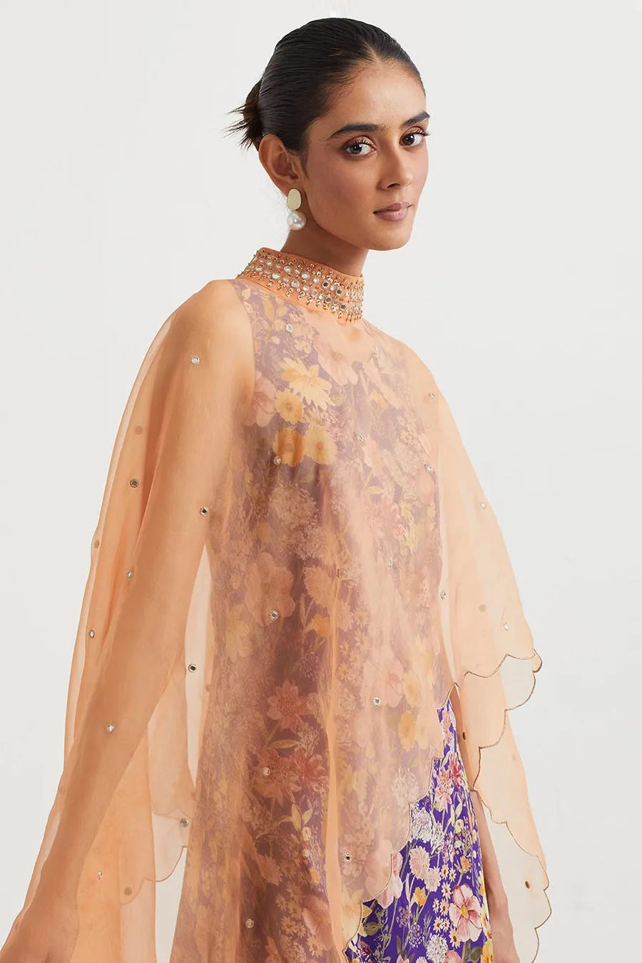 Peach Embroidered Cape With Printed Drape Dress