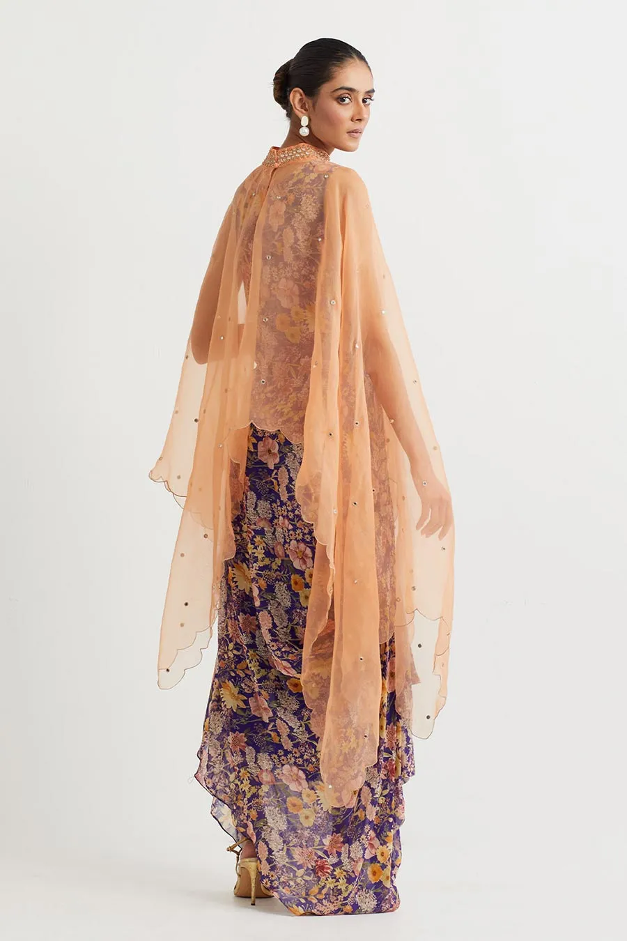 Peach Embroidered Cape With Printed Drape Dress