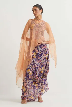 Peach Embroidered Cape With Printed Drape Dress