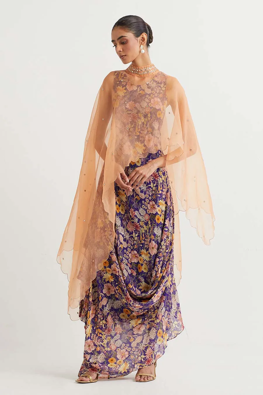 Peach Embroidered Cape With Printed Drape Dress