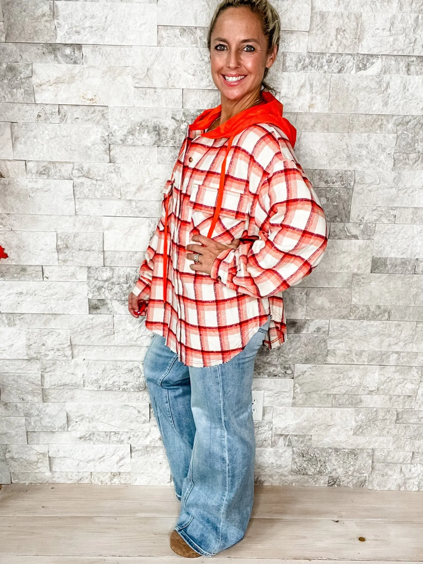 Plaid Pursuit Top in Orange (S-XL)
