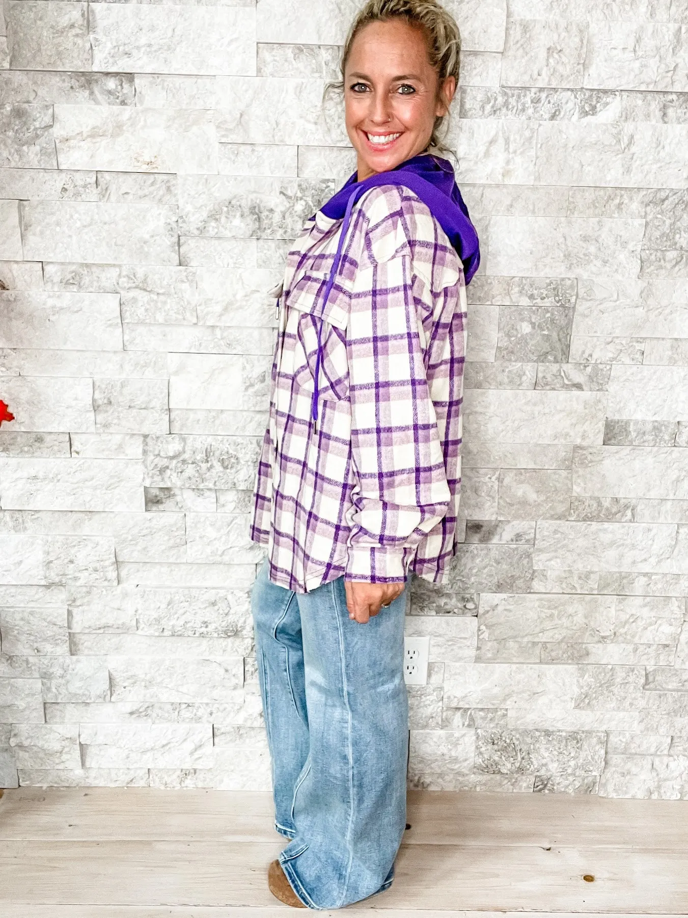 Plaid Pursuit Top in Purple (S-XL)