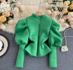 Puff Sleeve Zipper Cardigan