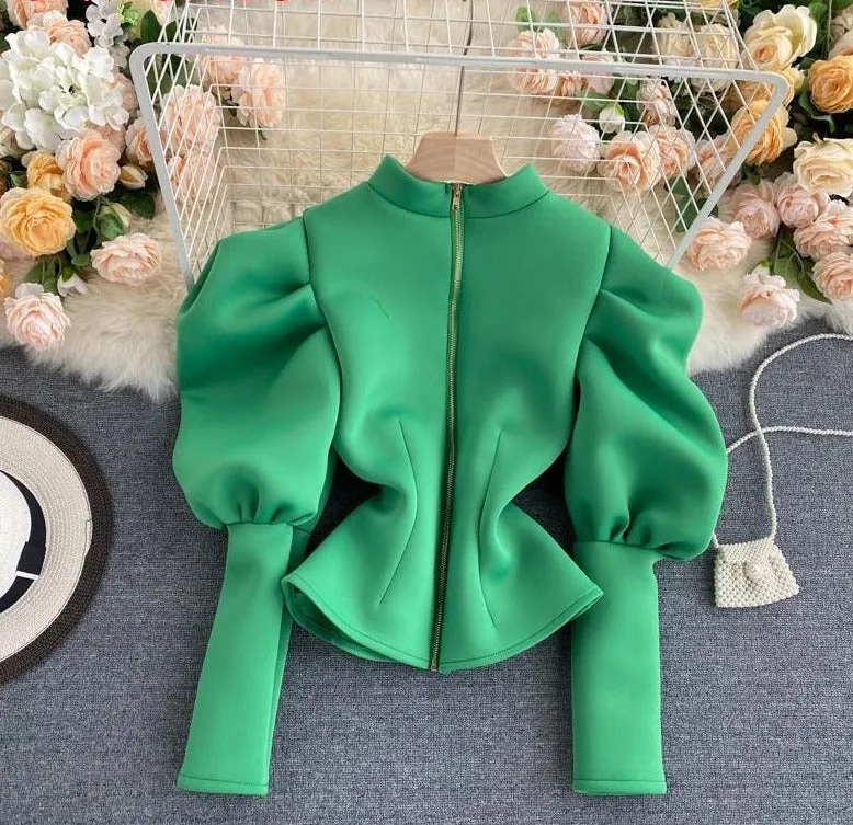 Puff Sleeve Zipper Cardigan
