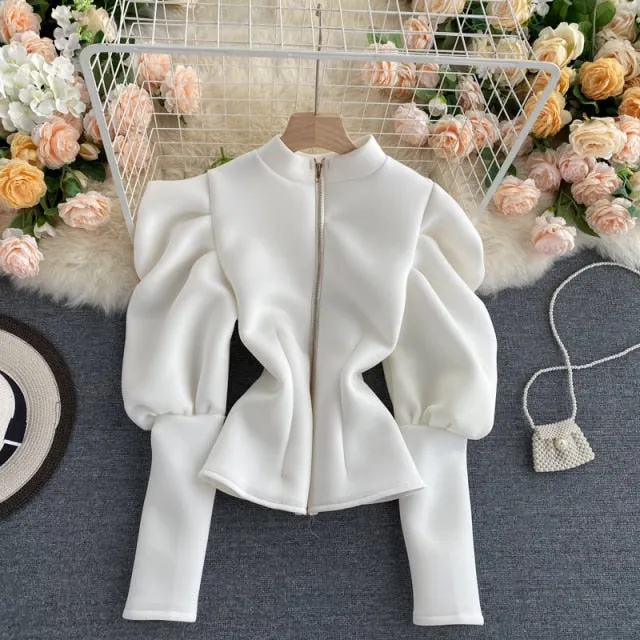 Puff Sleeve Zipper Cardigan