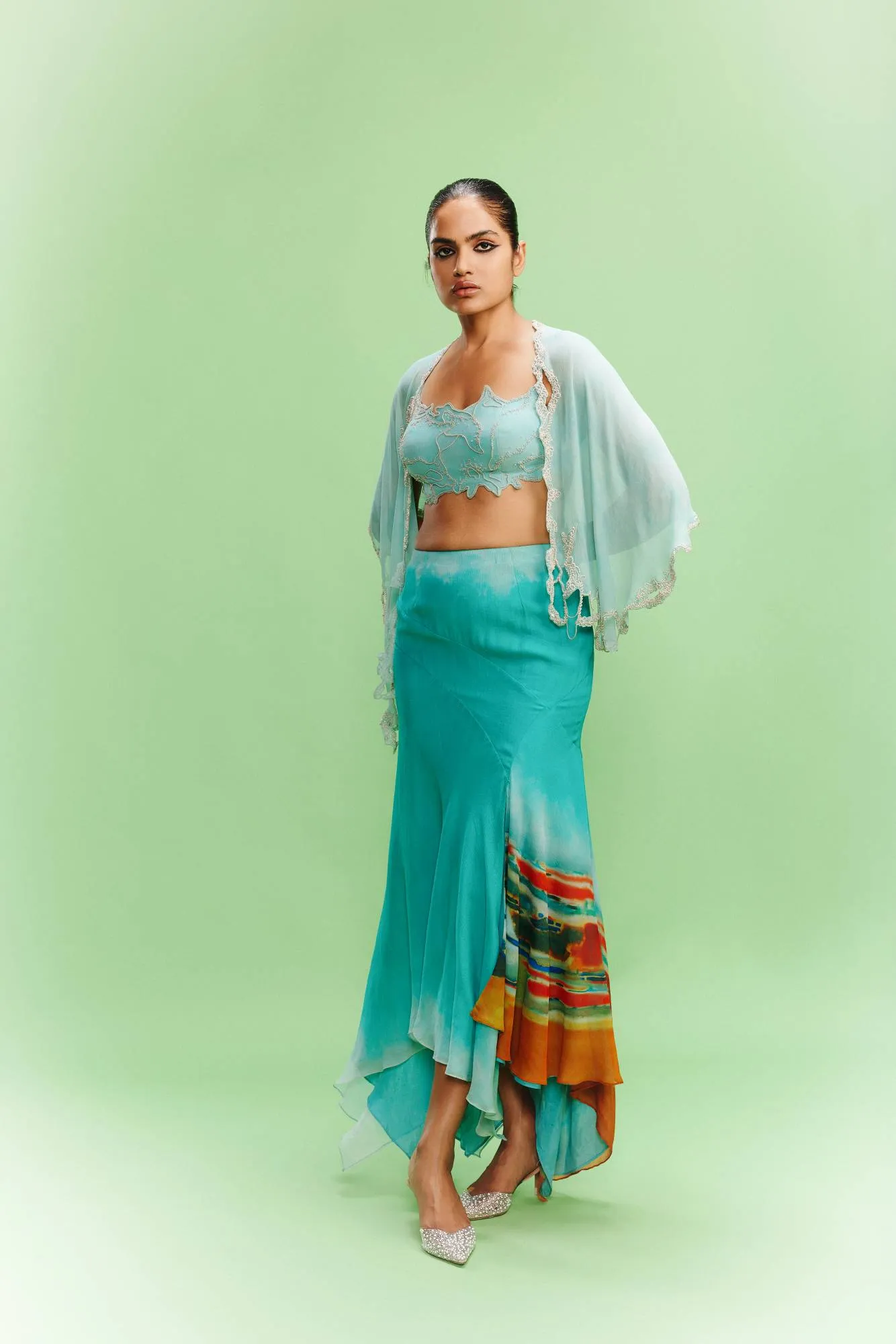 "Rana" Chiffon Brush stroke Printed Skirt- Bustier with a Cape