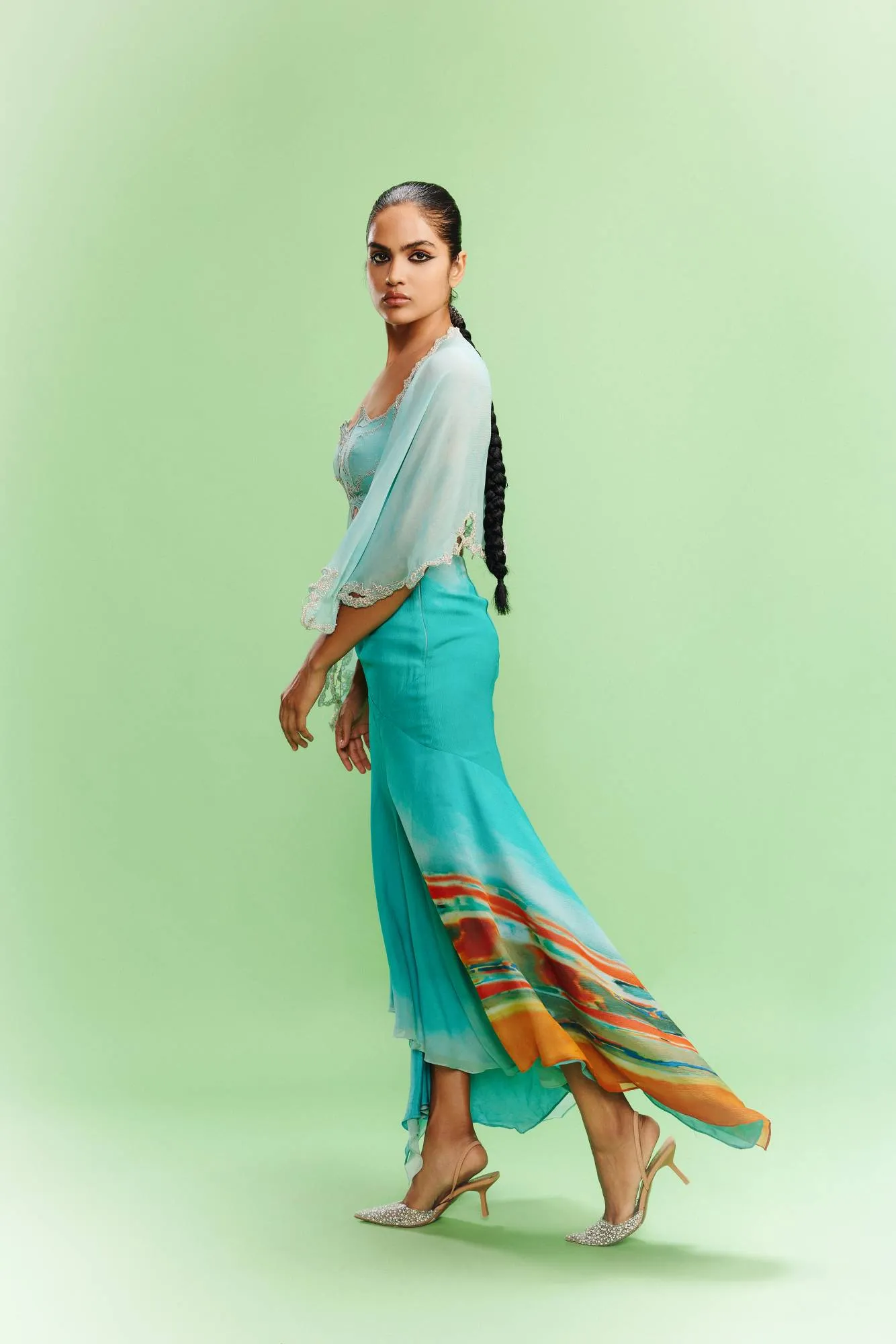 "Rana" Chiffon Brush stroke Printed Skirt- Bustier with a Cape
