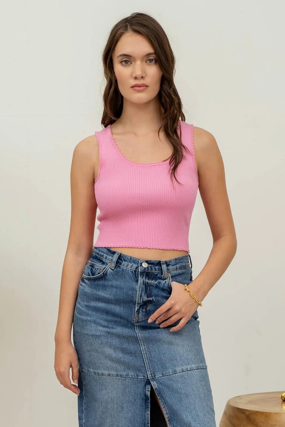 SCALLOP TRIM SWEATER KNIT CROP TOP