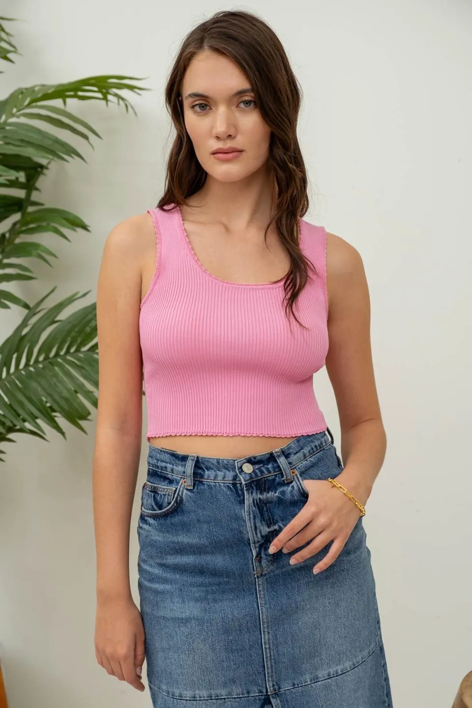 SCALLOP TRIM SWEATER KNIT CROP TOP
