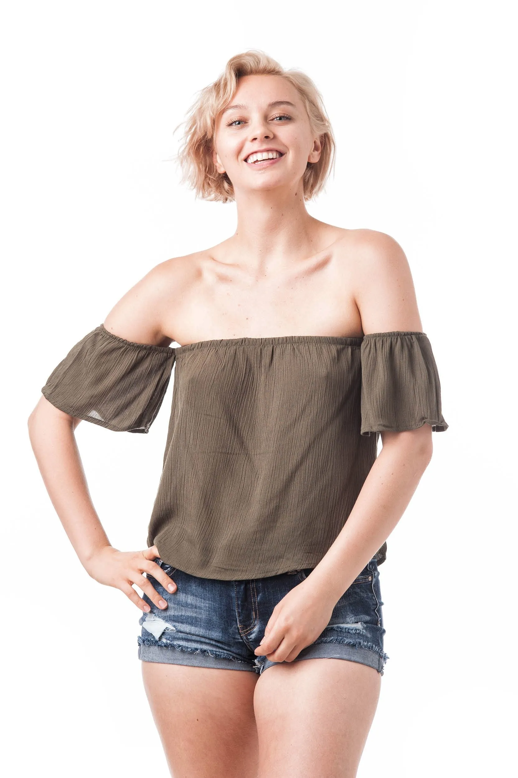 Short Sleeve Off The Shoulder Crinkled Flounce Crop Top