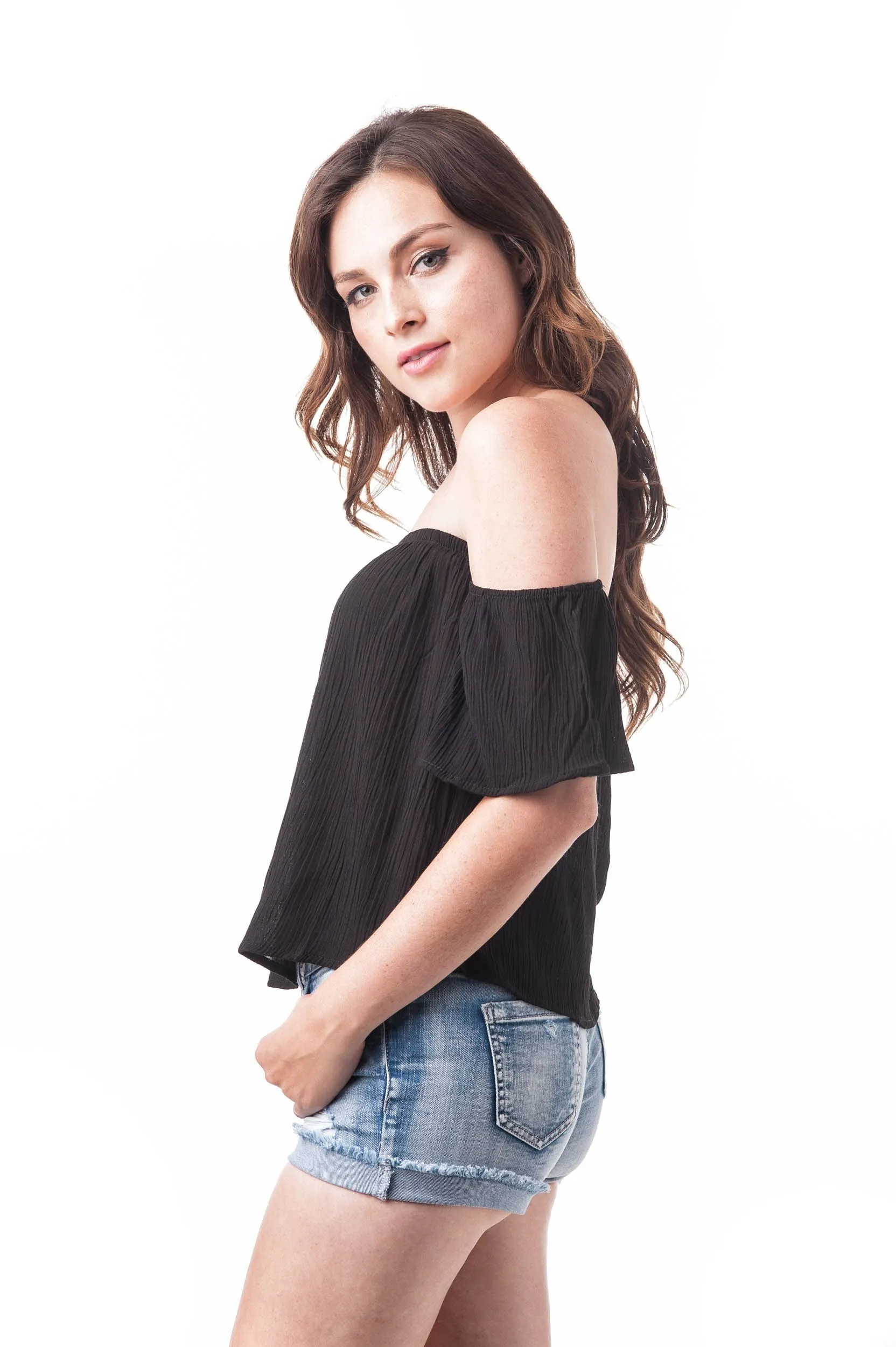 Short Sleeve Off The Shoulder Crinkled Flounce Crop Top
