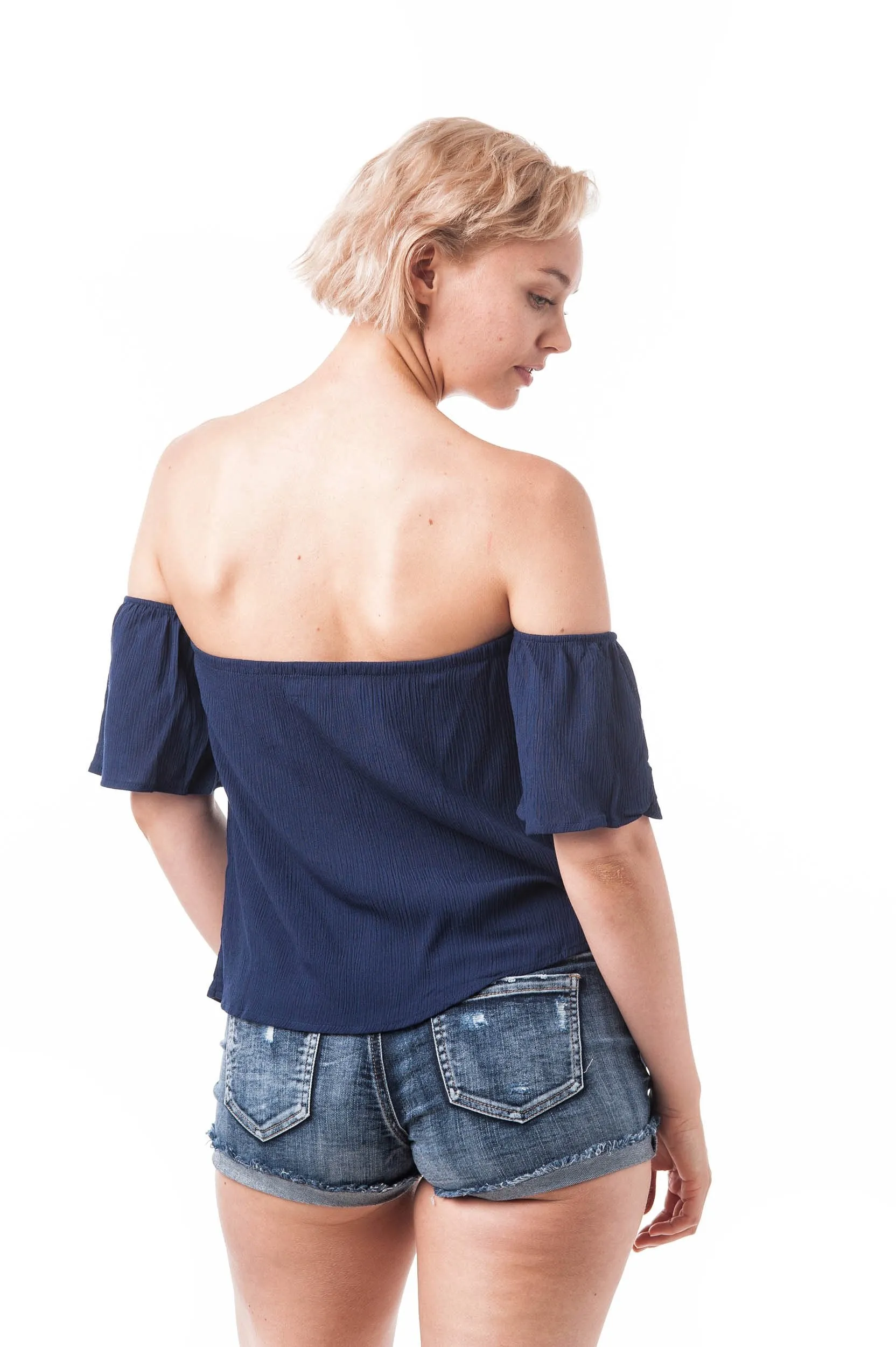 Short Sleeve Off The Shoulder Crinkled Flounce Crop Top