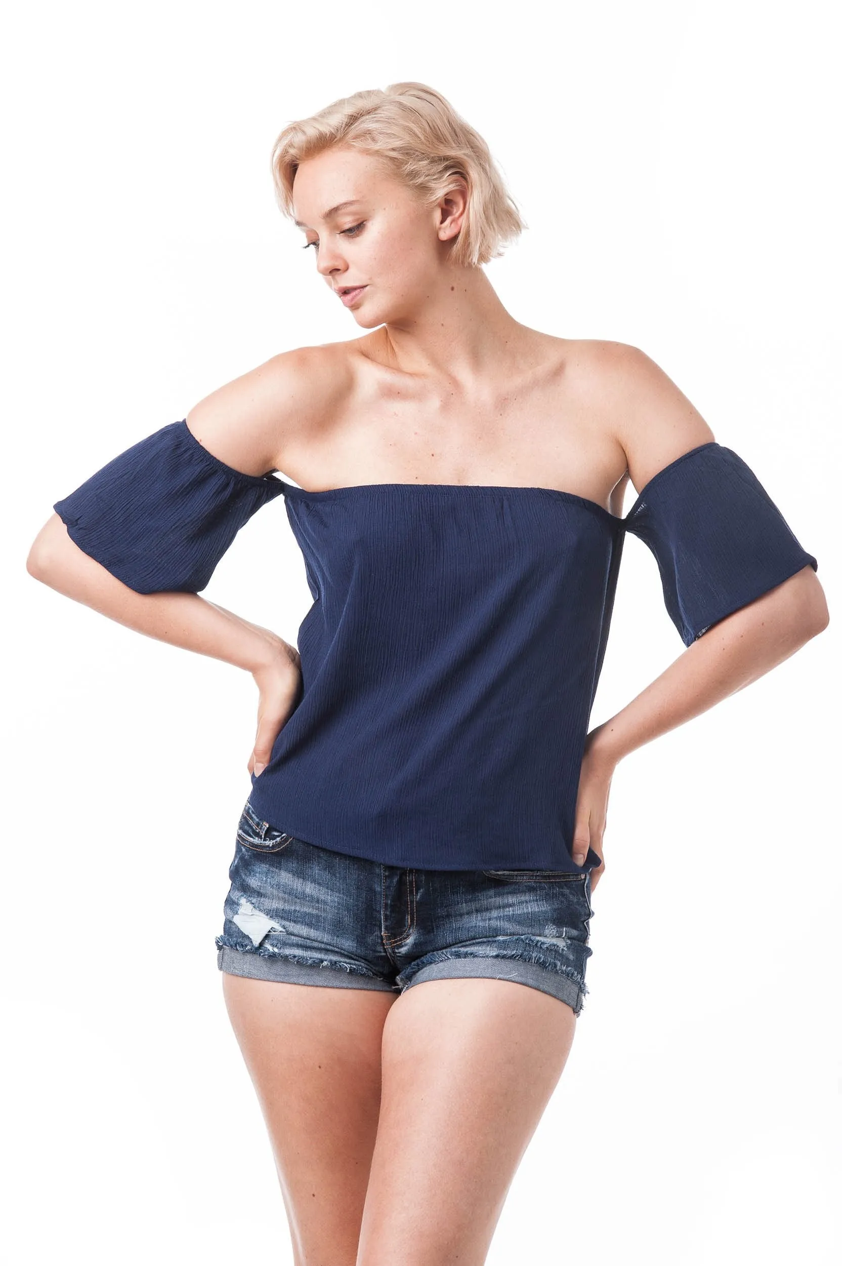 Short Sleeve Off The Shoulder Crinkled Flounce Crop Top
