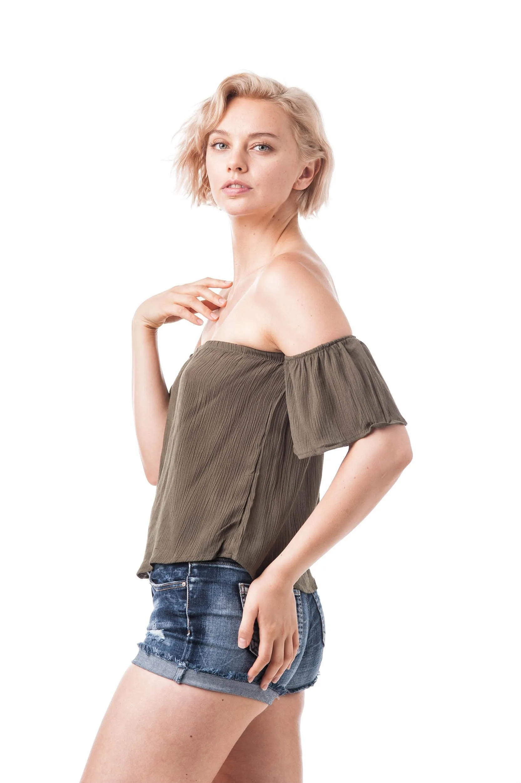 Short Sleeve Off The Shoulder Crinkled Flounce Crop Top