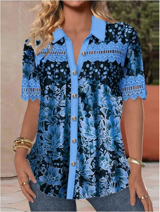 Short Sleeve V-neck Lace Graphic Plus Size Top