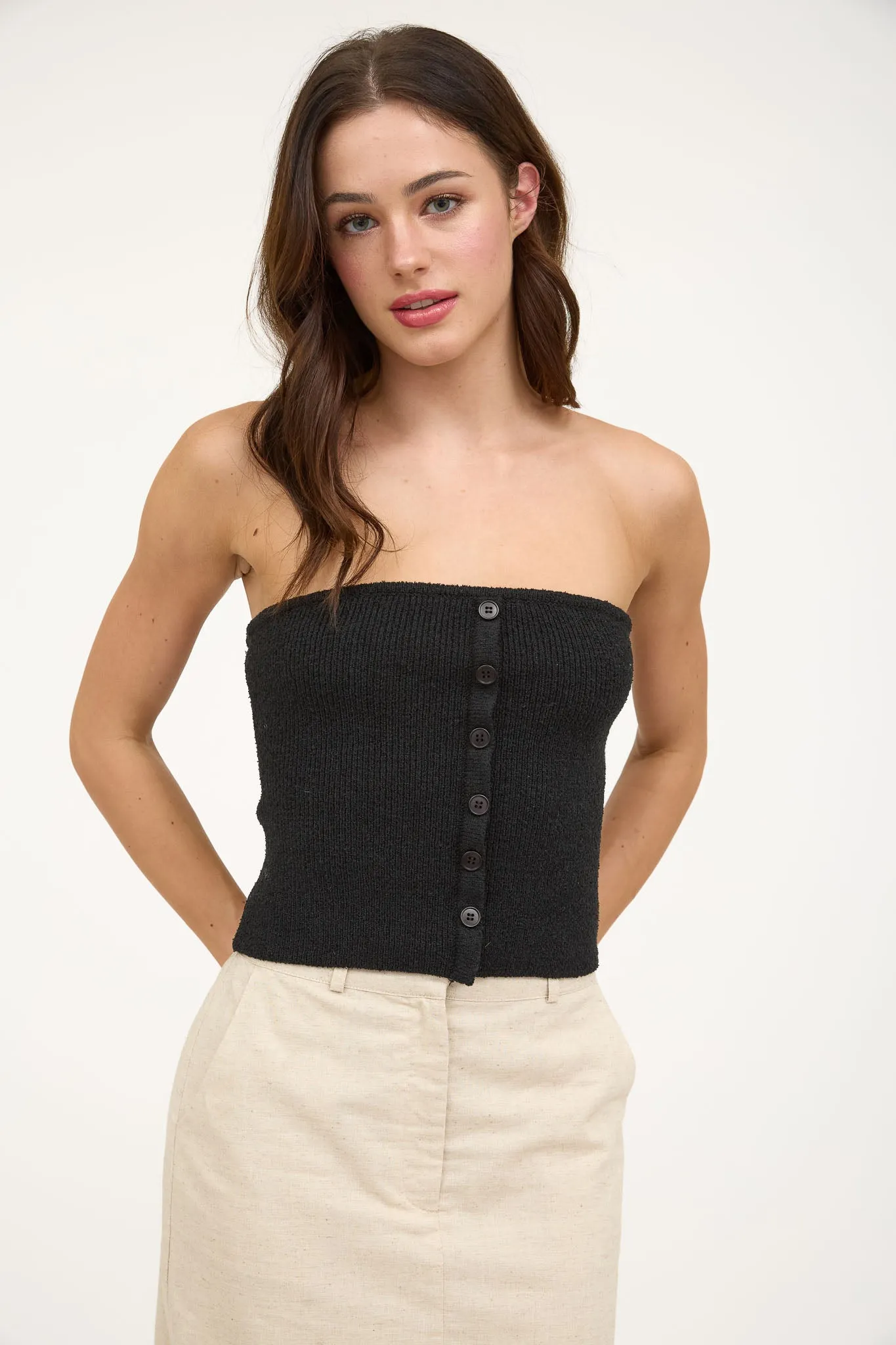 STRAPLESS BUTTON DOWN SWEATER KNIT TOP