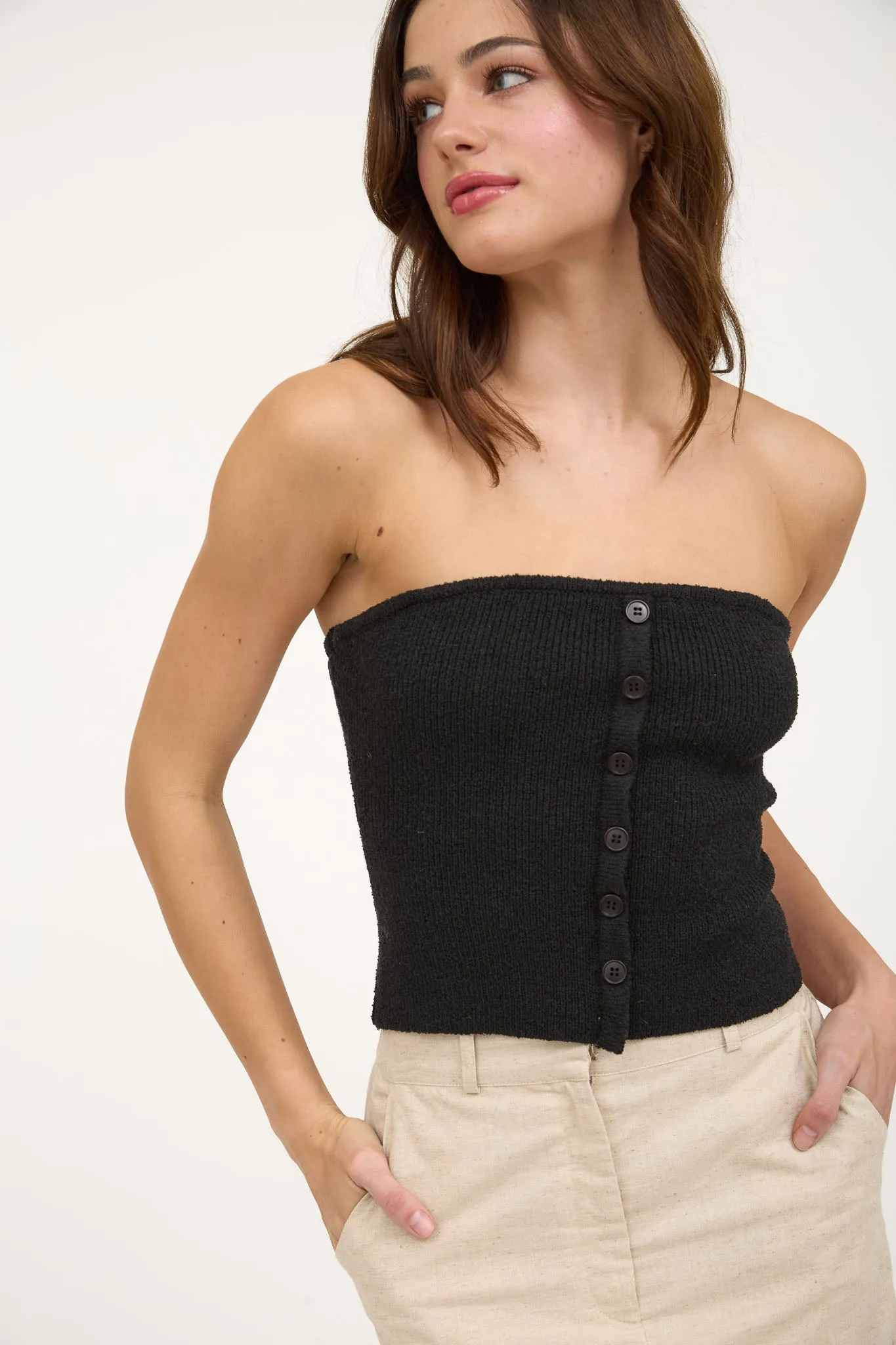 STRAPLESS BUTTON DOWN SWEATER KNIT TOP